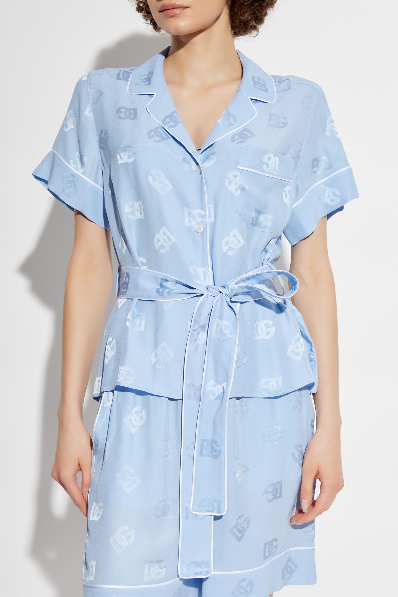 Dolce & Gabbana Short-sleeved Silk Satin Jacquard Pajama Shirt With Dg Logo In Blue