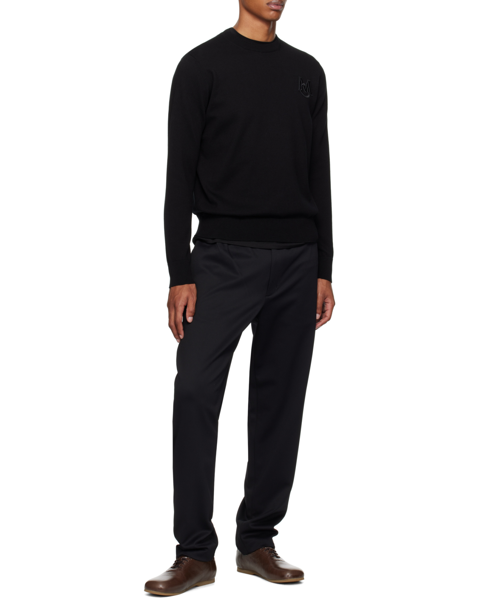 Moncler Embroidered Monogram Cotton Crewneck Sweater In Black