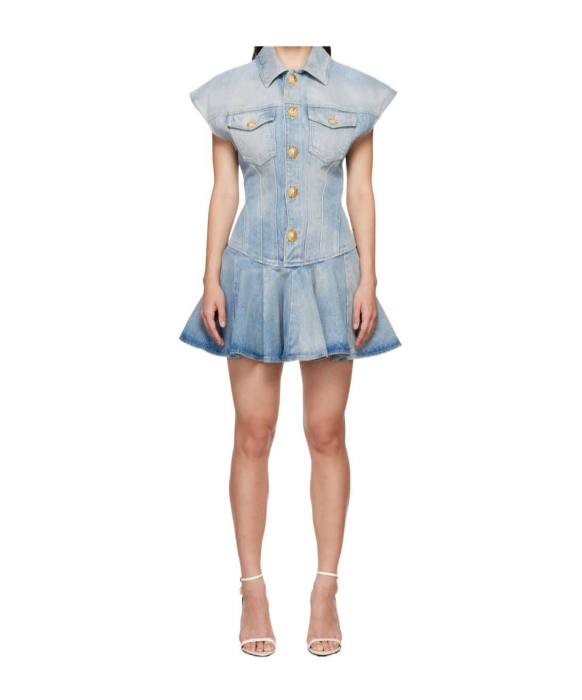 Balmain Blue Flared Denim Minidress In Multicolor