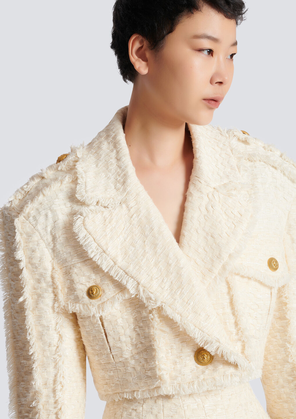 Balmain Cotton-blend Tweed Cropped Jacket In White