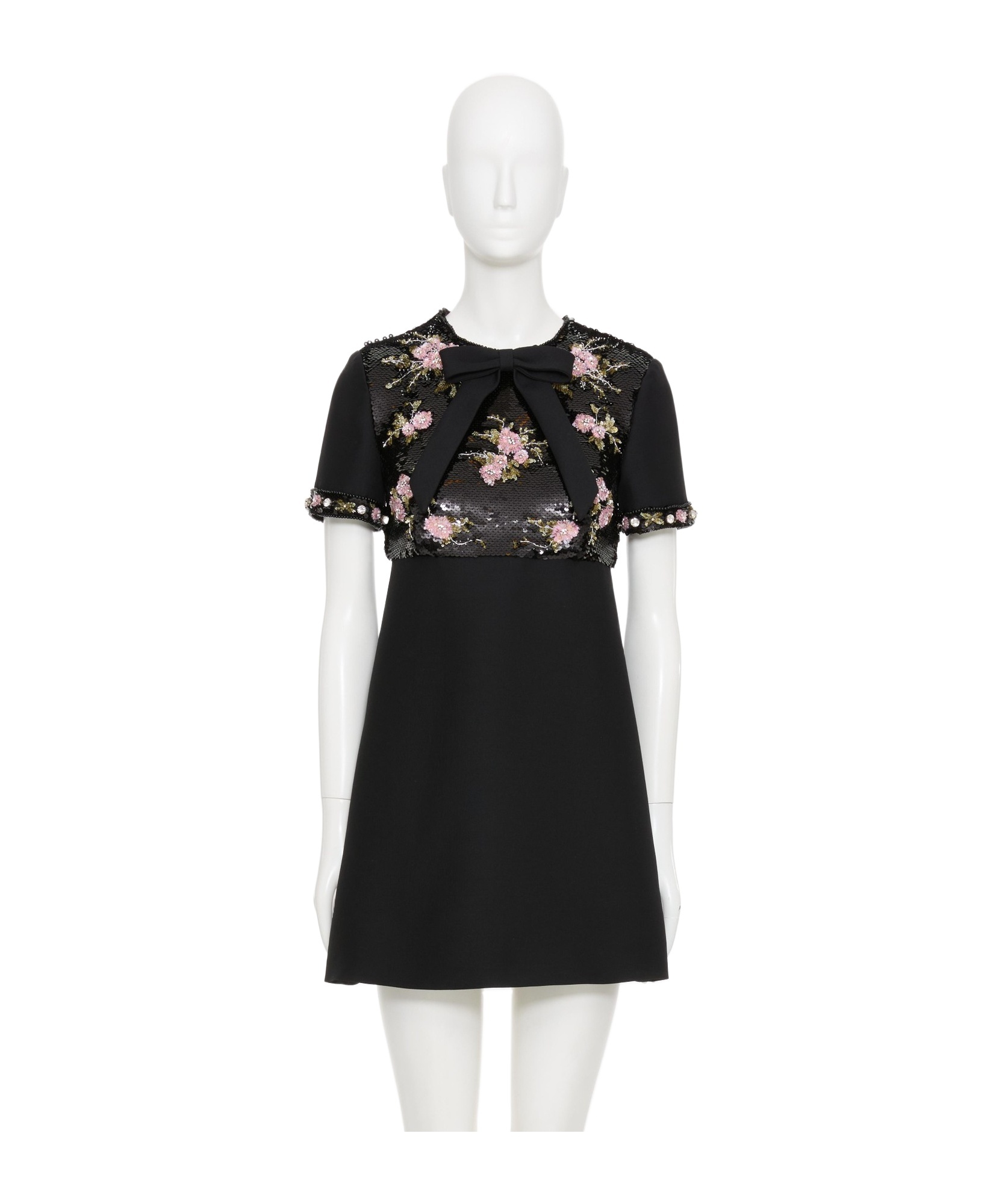 Valentino Floral Sequined Bow-neck Mini Dress In Black, Multicolour