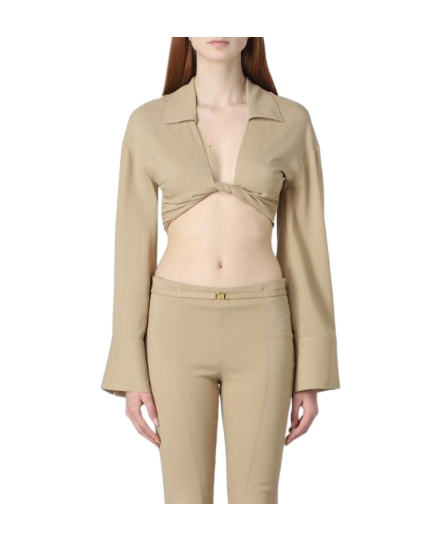 Blumarine Front-knot Cropped Shirt In Nude