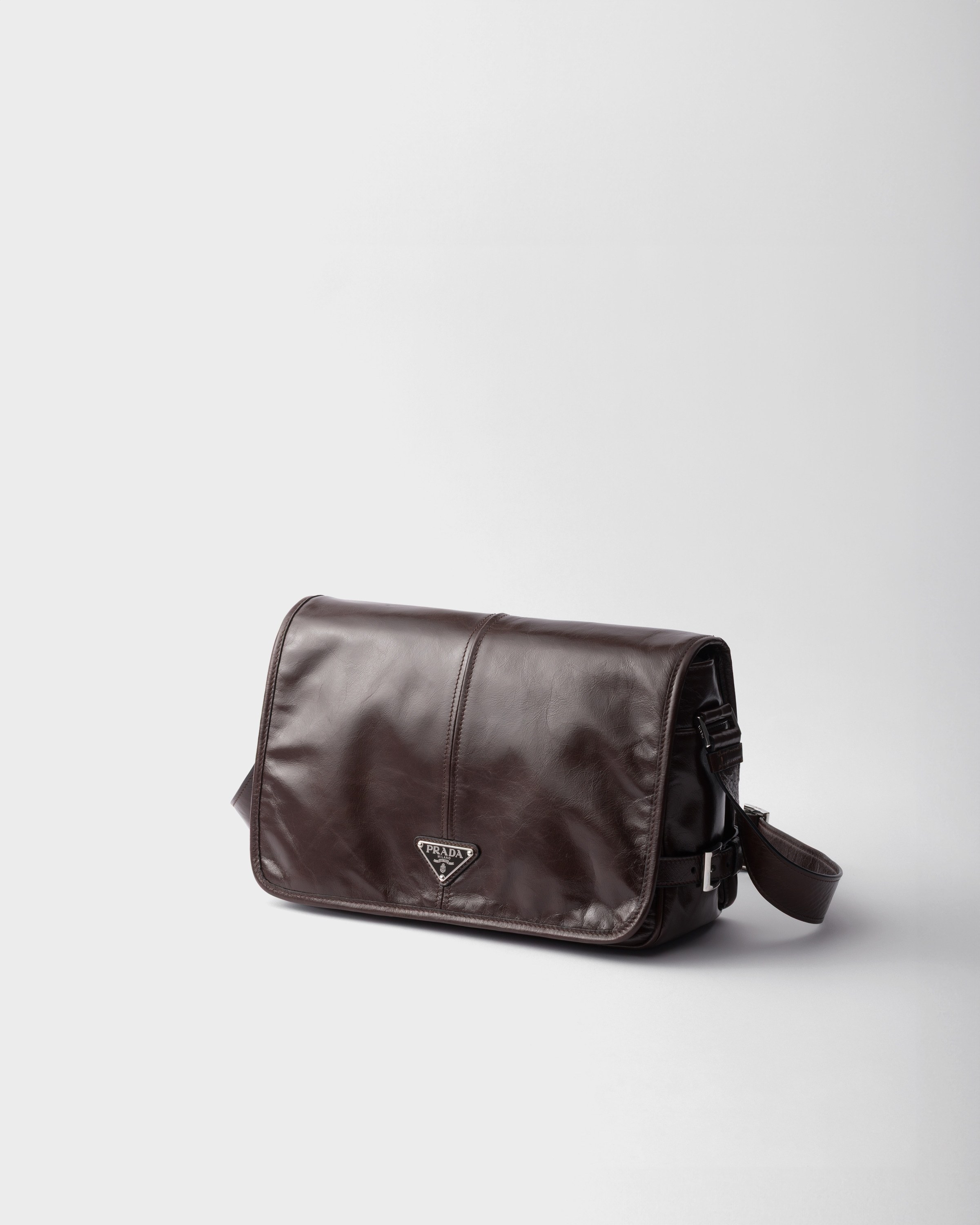 Prada Mens Grey Branded-plaque Patent-leather Shoulder Bag In Brown