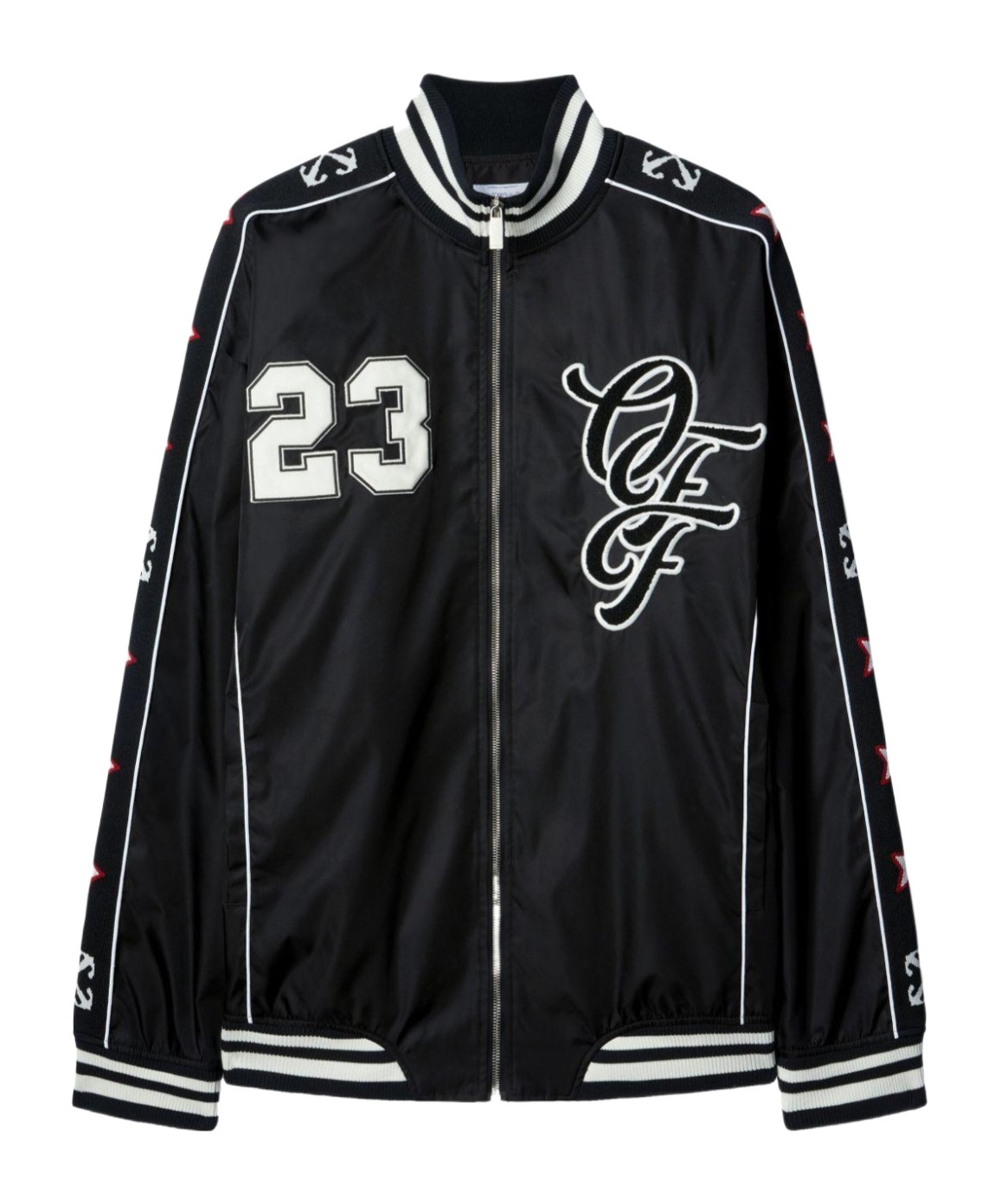 Off-white Nylon Varsity Jacket With Frontal Logo Patch In Black