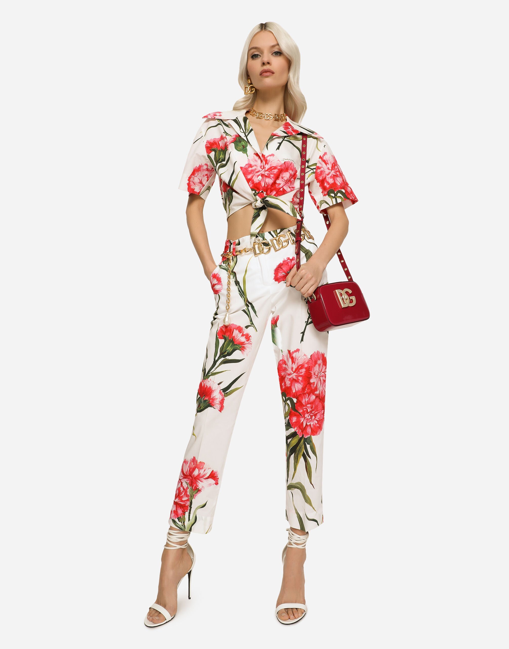 Dolce & Gabbana Carnation Print Stretch Cotton Crop Pants In White