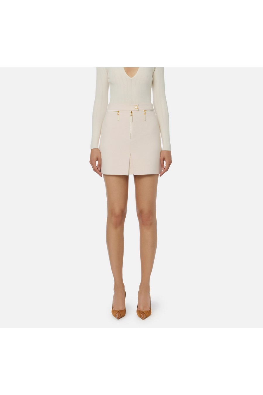Elisabetta Franchi Skirt In Double Layer Crêpe With Zip In Neutral