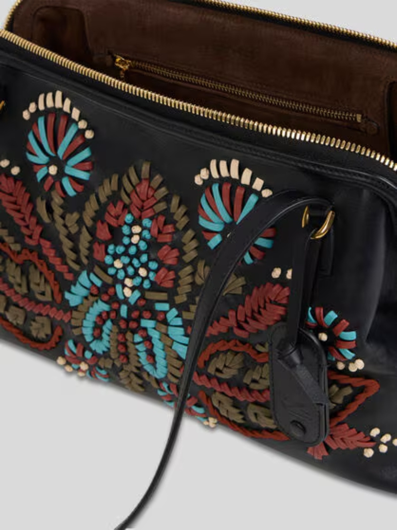 Etro Medium Leather Doc Shoulder Bag With Embroidery In Black