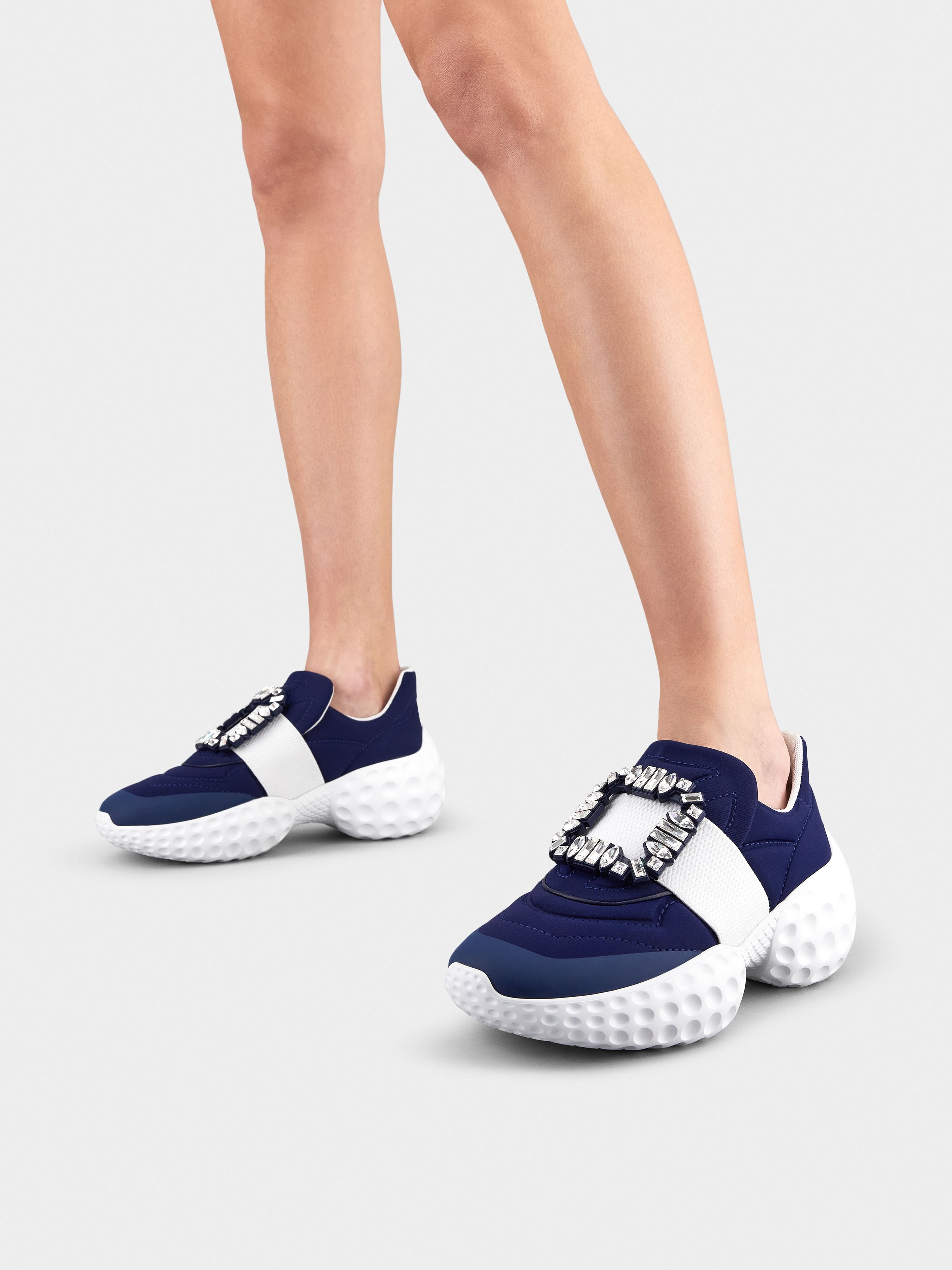 Roger Vivier Viv' Run Light Strass Buckle Sneakers In Technical Fabric In Blue