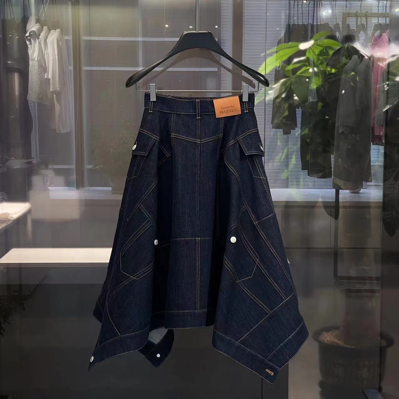 Alexander Mcqueen Full Denim Midi Skirt In Blue