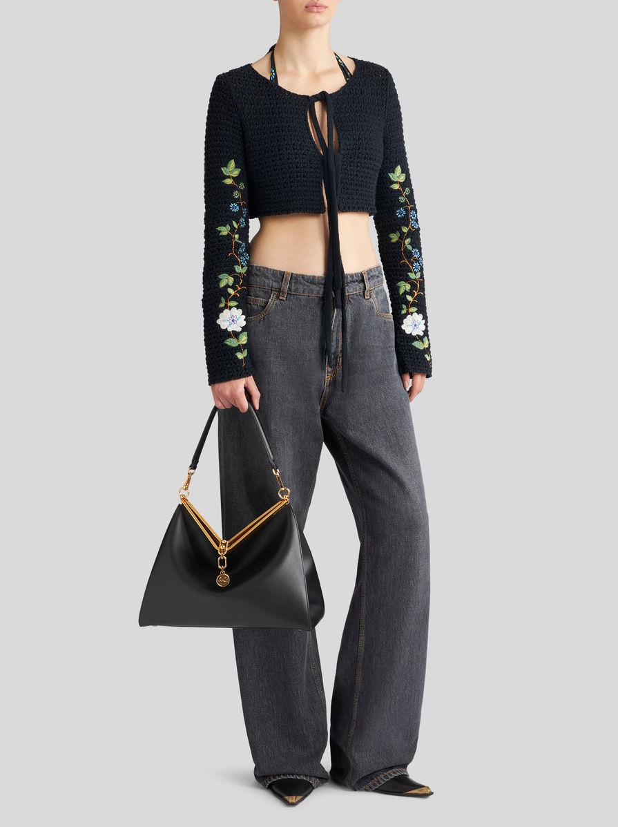 Etro 'small Vela' Black Shoulder Bag With Logo And Pegasus Charm In Black