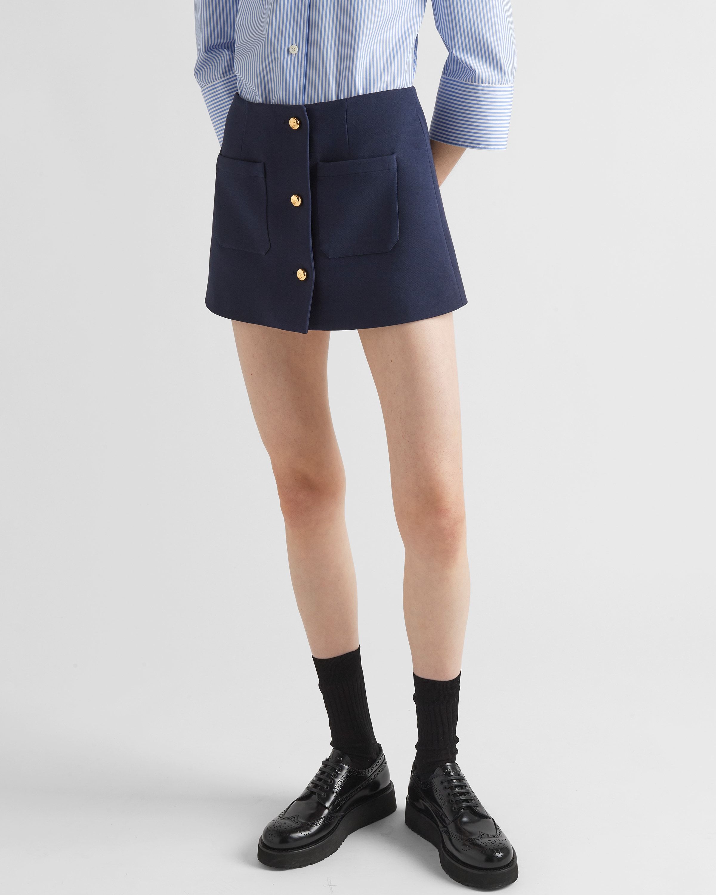 Prada Buttoned Wool-silk Twill Mini Skirt In Blue