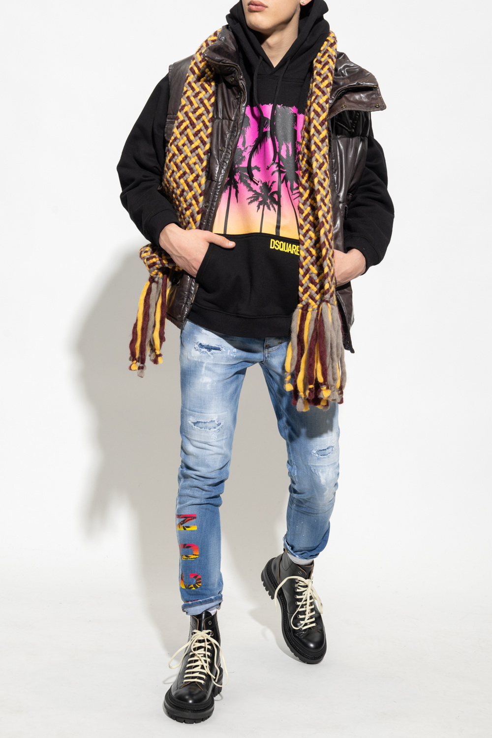 Dsquared2 Palm-tree Print Cotton Hoodie In Black