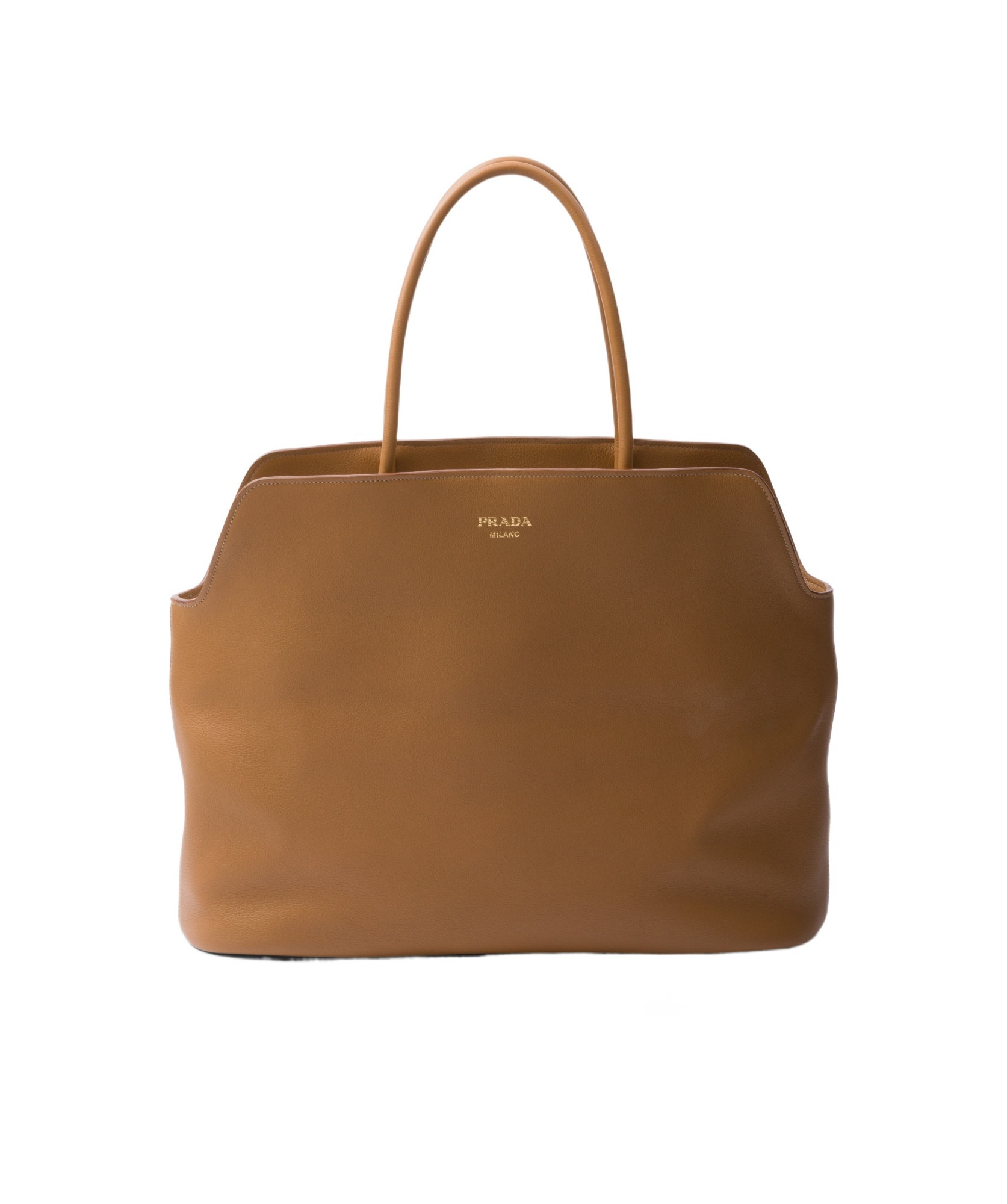Prada Leather Shopping Bag With Structured Shape And Top Handles In Brown