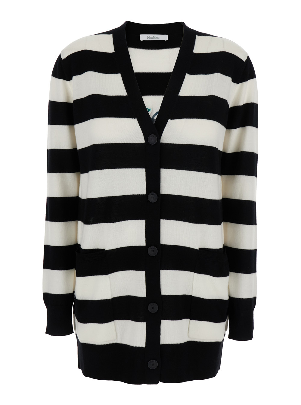 Max Mara Striped Wool Cardigan With V-neck And Flock Motif In Black