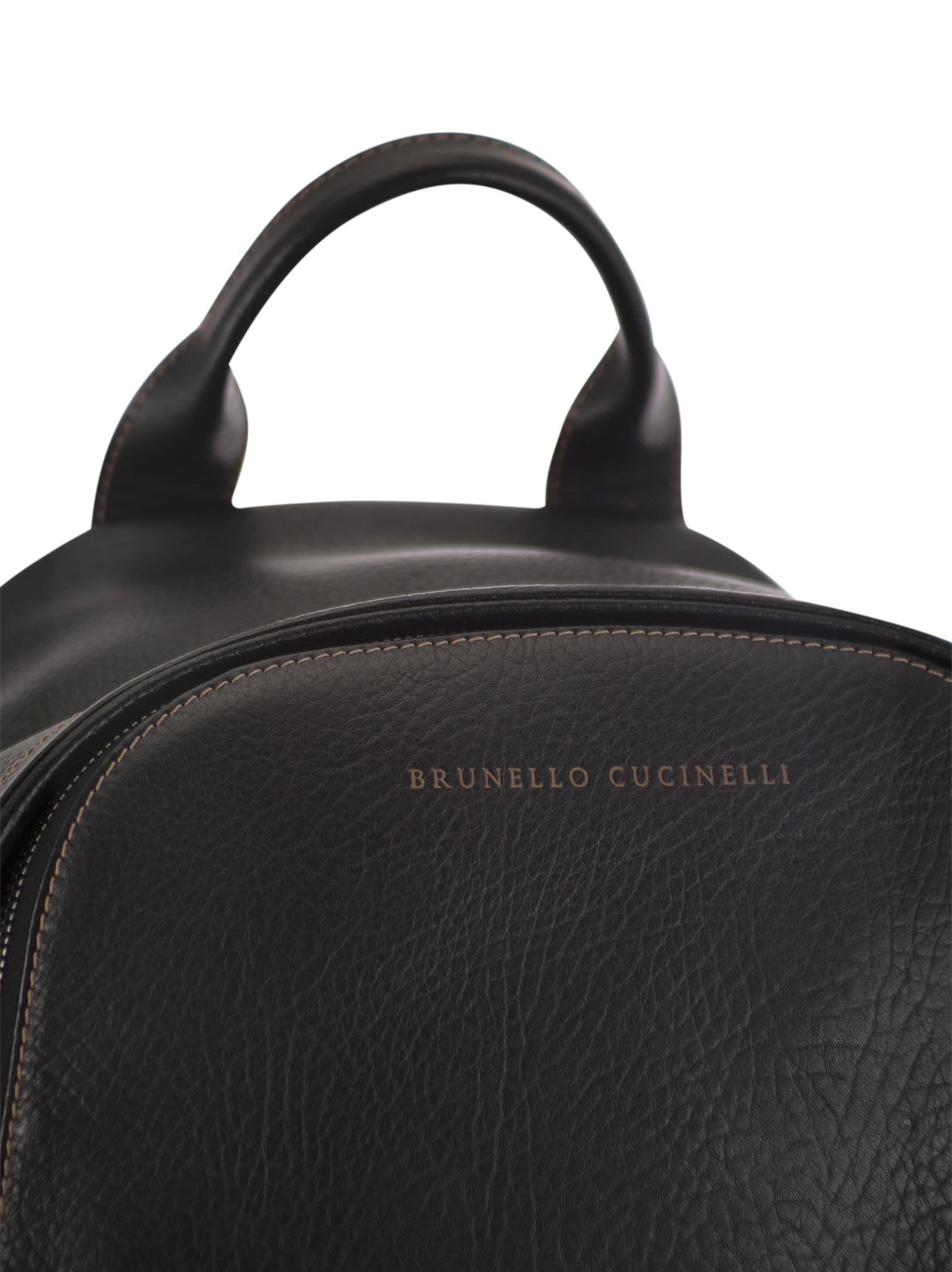 Brunello Cucinelli Calfskin Backpack With Grain In Black