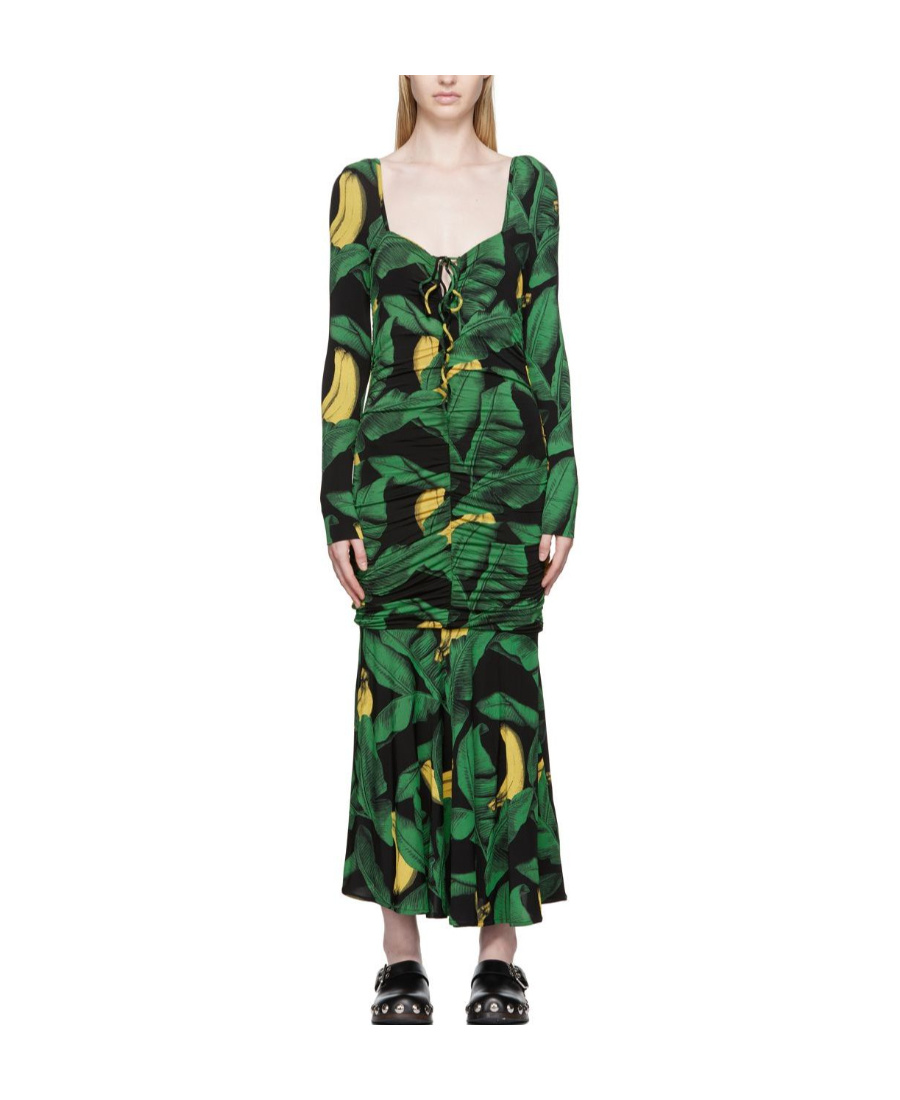 Ganni Palm Print Long Sleeve Gathered Jersey Dress In Green