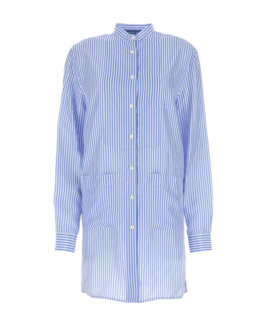 Prada Striped Silk Shirt With Mandarin Collar In Light Blue