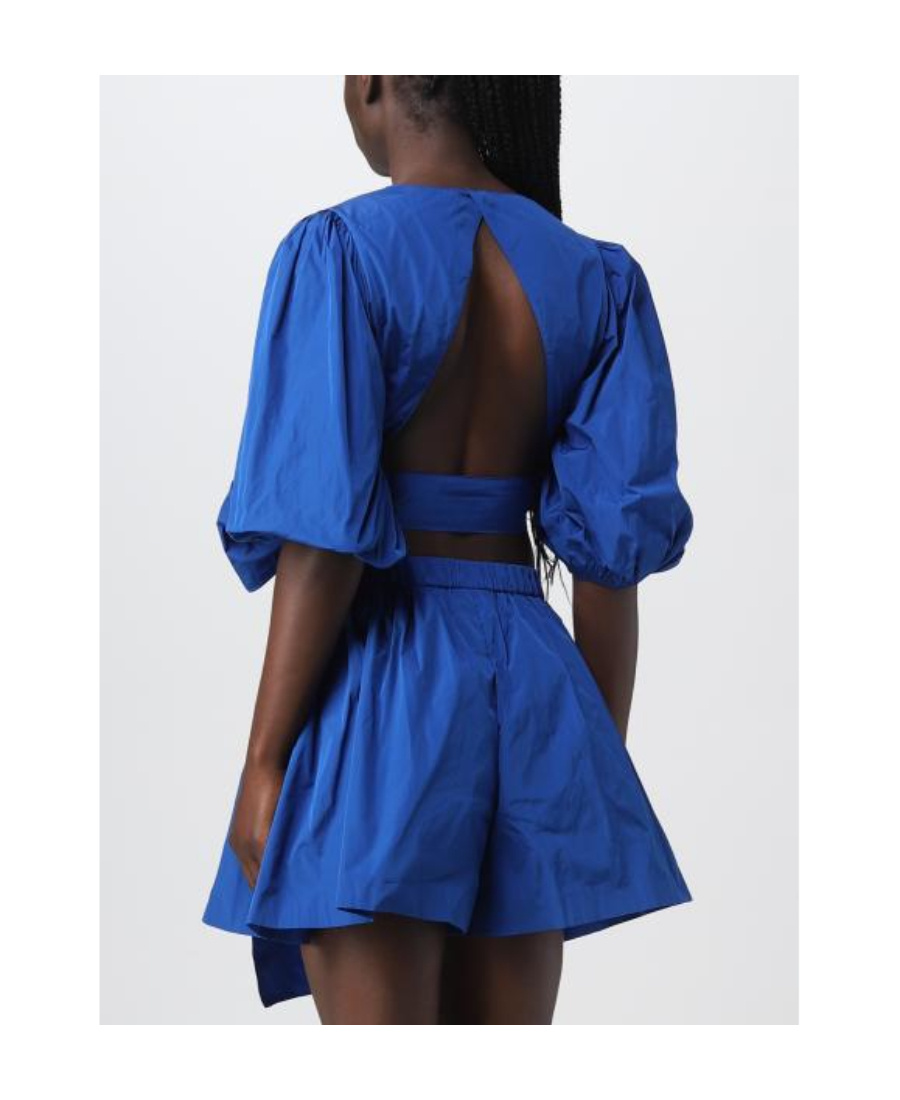 Red Valentino Taffeta Top With Puff Sleeves And Bow Detail In Blue
