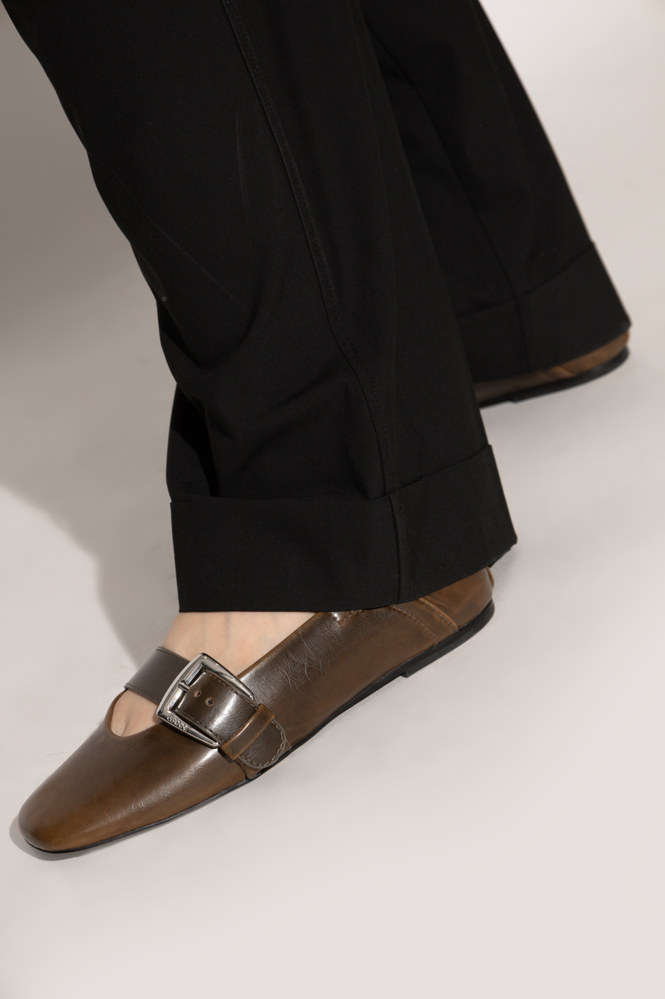 Ganni Dark-olive Buckle Strap Ballerinas