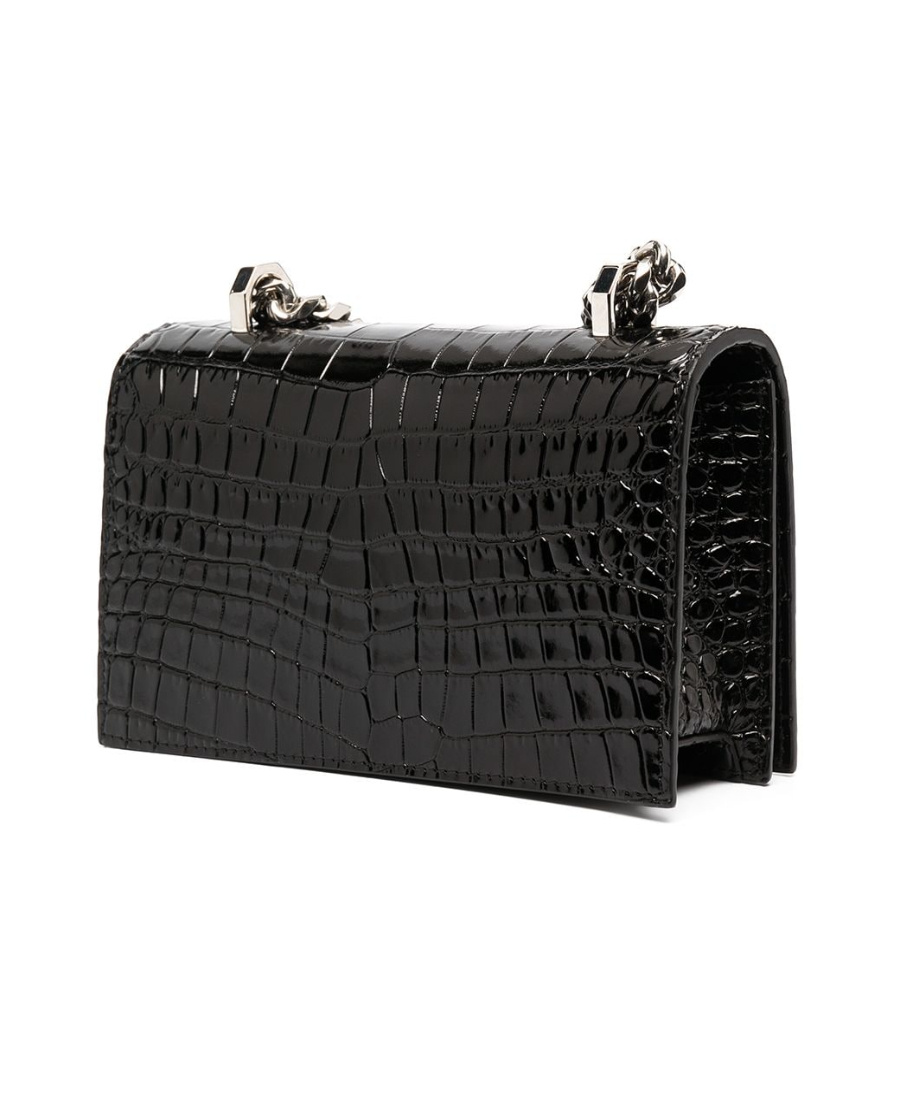 Shop Alexander Mcqueen Mini Jewelled Crocodile-embossed Satchel In Black