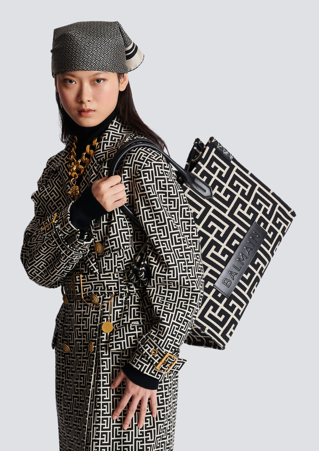 Balmain B-army 42 Monogrammed Jacquard And Leather Tote Bag In Black