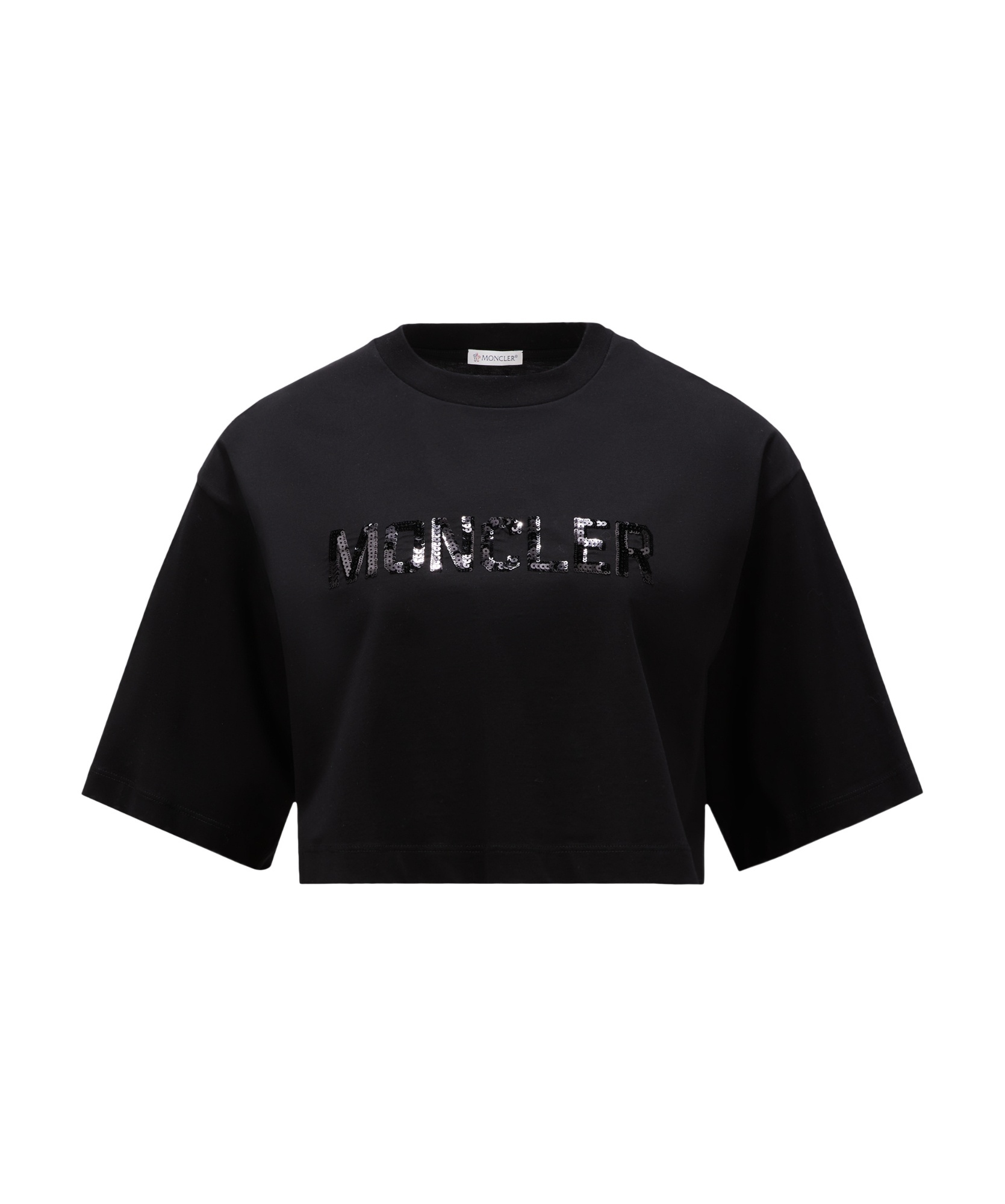 Moncler Sequin-logo Cropped T-shirt In Black