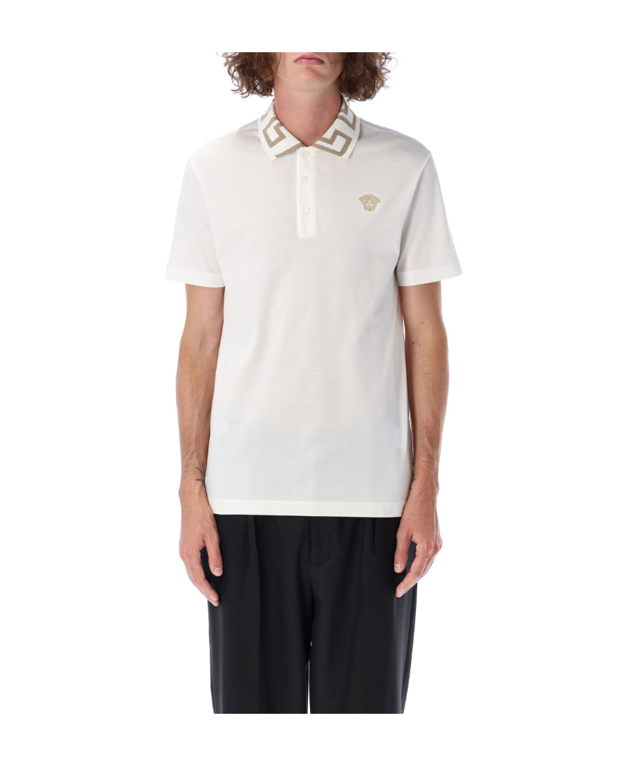 Versace Men Greca Polo Shirt With Short Sleeves In White