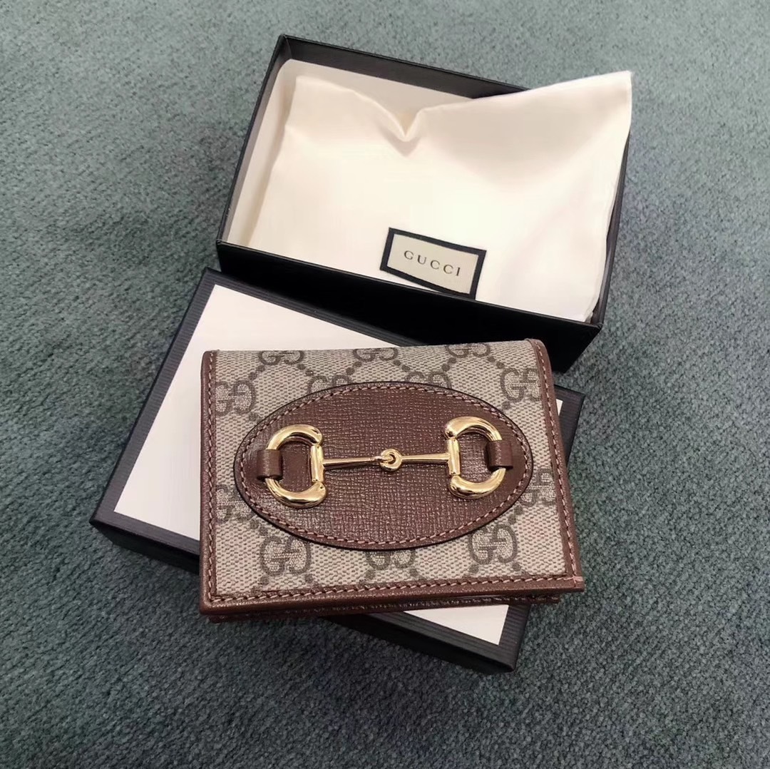 Gucci Compact Wallet With Signature Logo Pattern In Brown