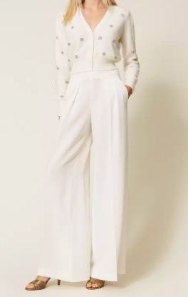 Twinset Cropped Cardigan With Fluffy Texture And Sparkling Embellishments In Neutral