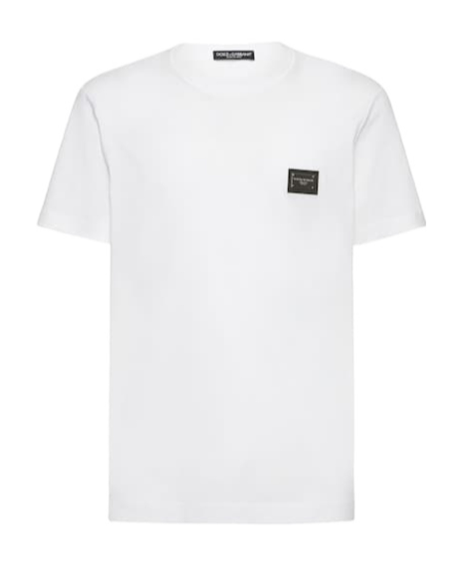 Dolce & Gabbana White Crewneck T-shirt With Logo Plate In Cotton Man