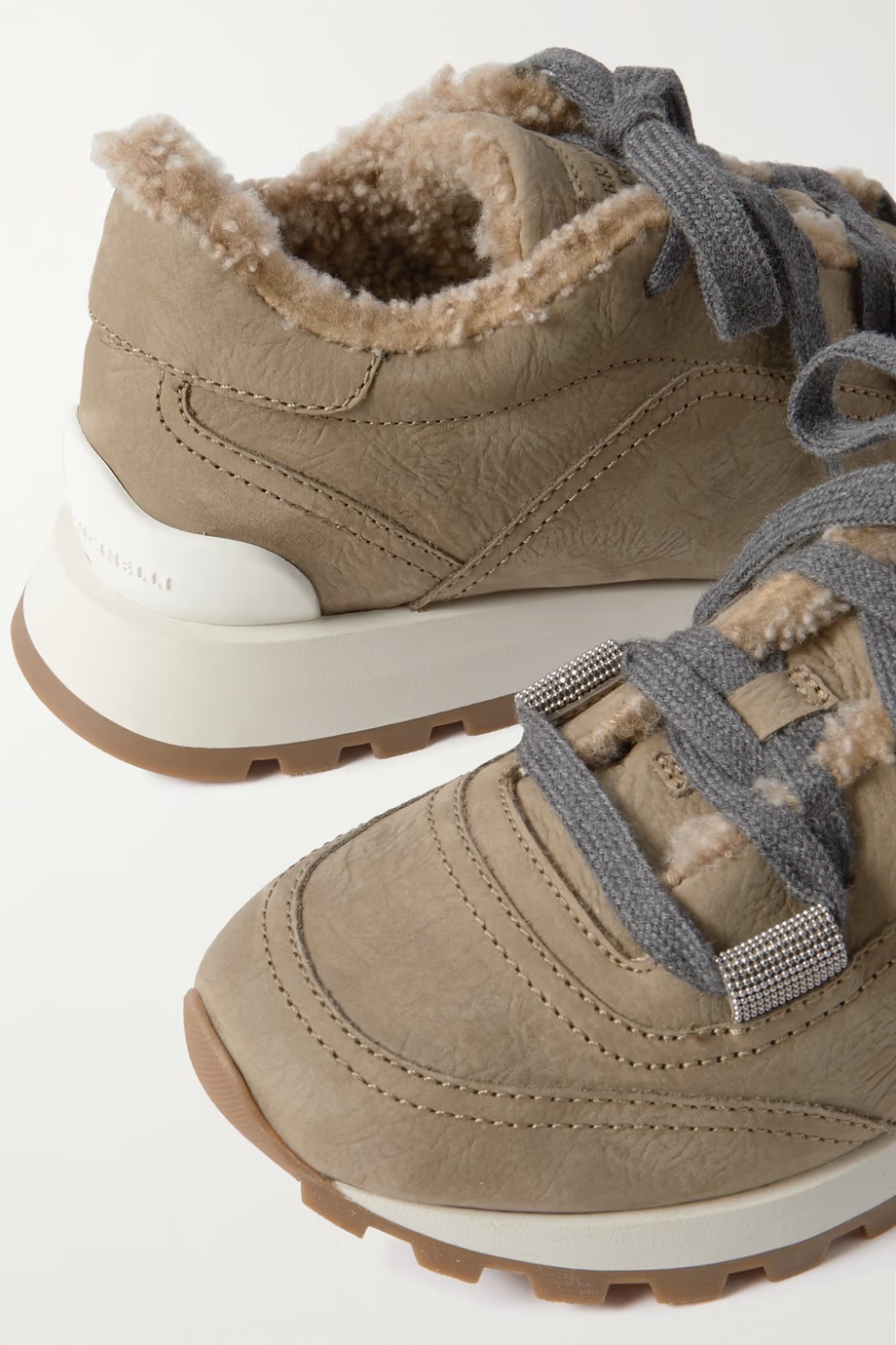 Brunello Cucinelli Shearling-lined Low-top Sneakers In Brown