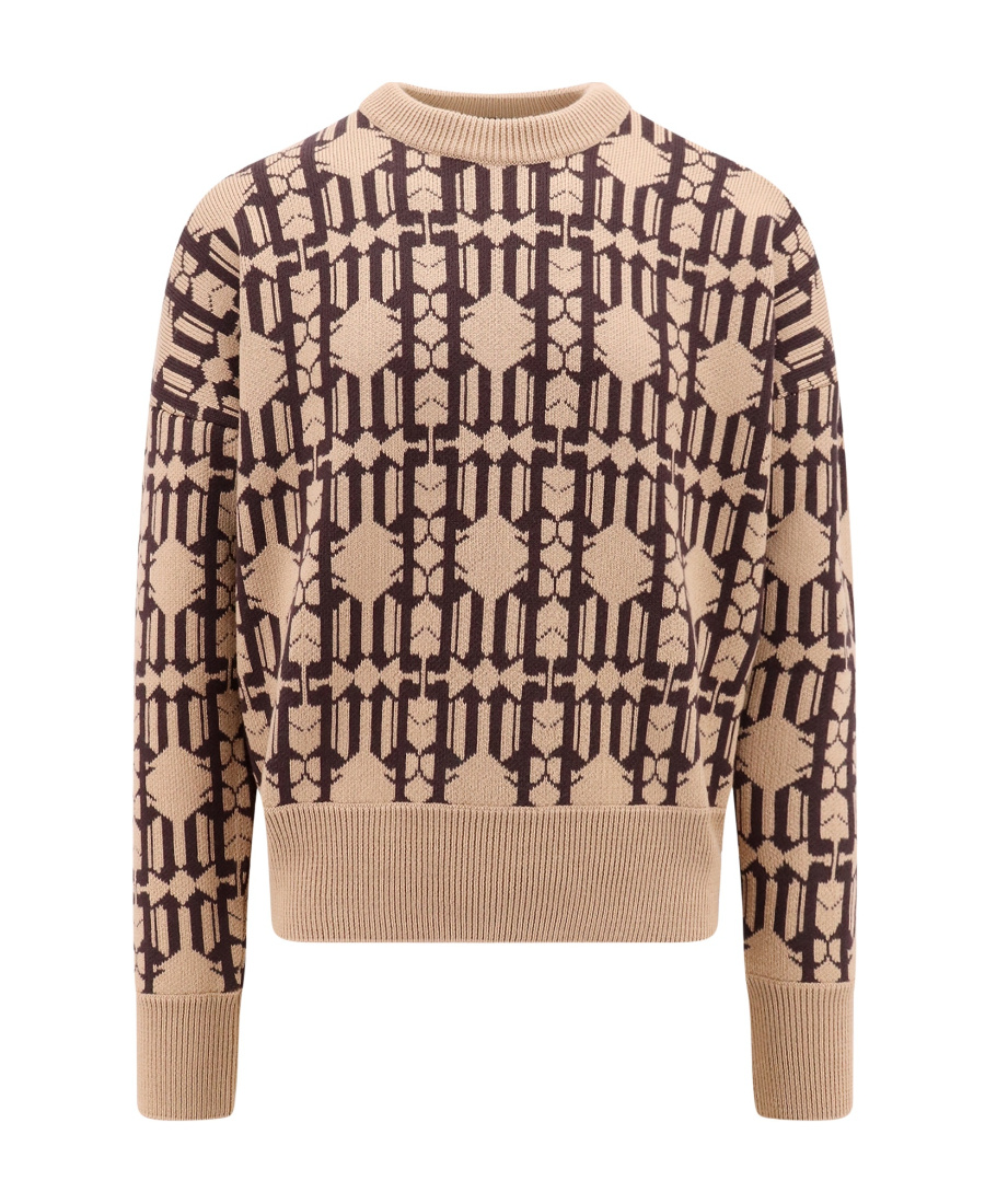 Palm Angels Embroidered Allover Monogram Jacquard Sweater In Nude