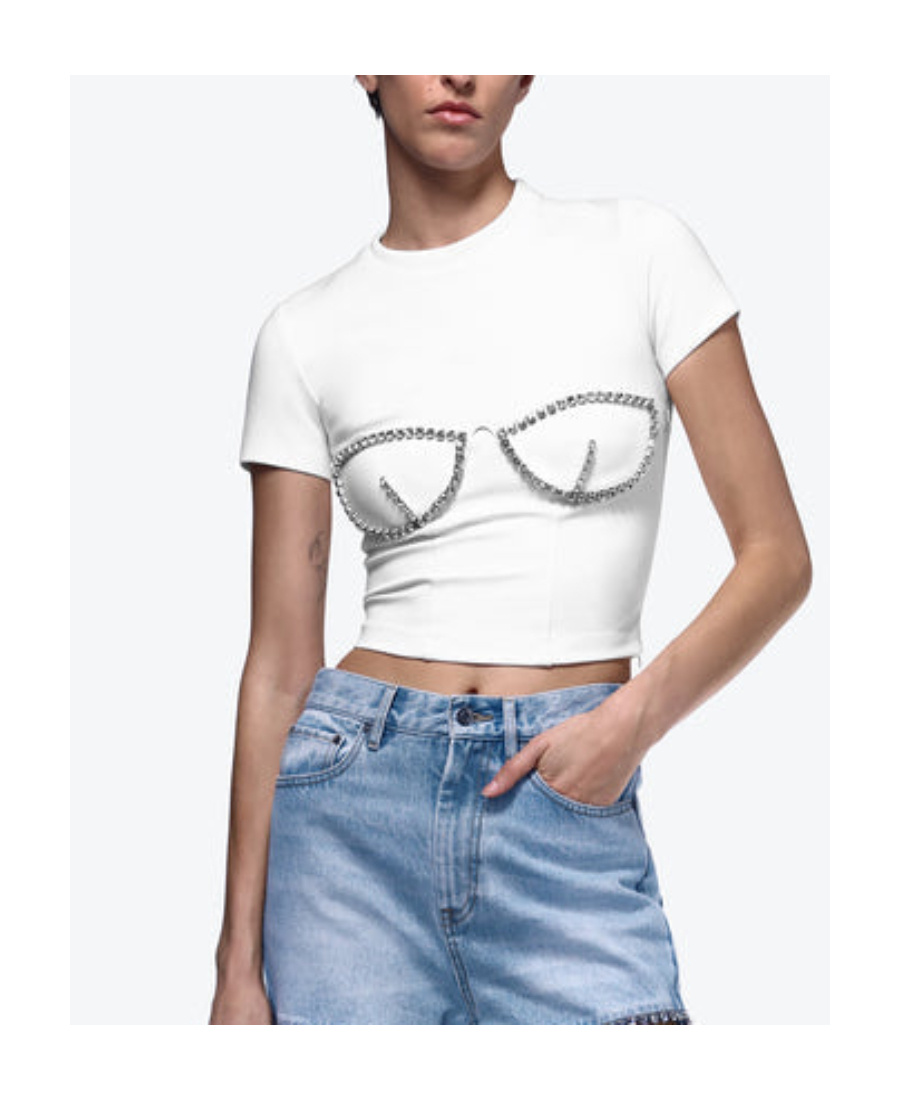 Shop Area Crystal-embellished Cropped T-shirt In White