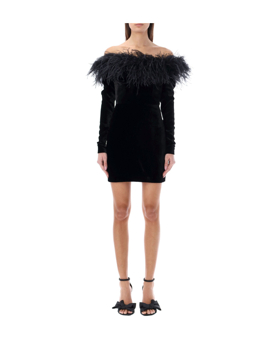 Alessandra Rich Feathered Off-the-shoulder Velvet Dress In Black