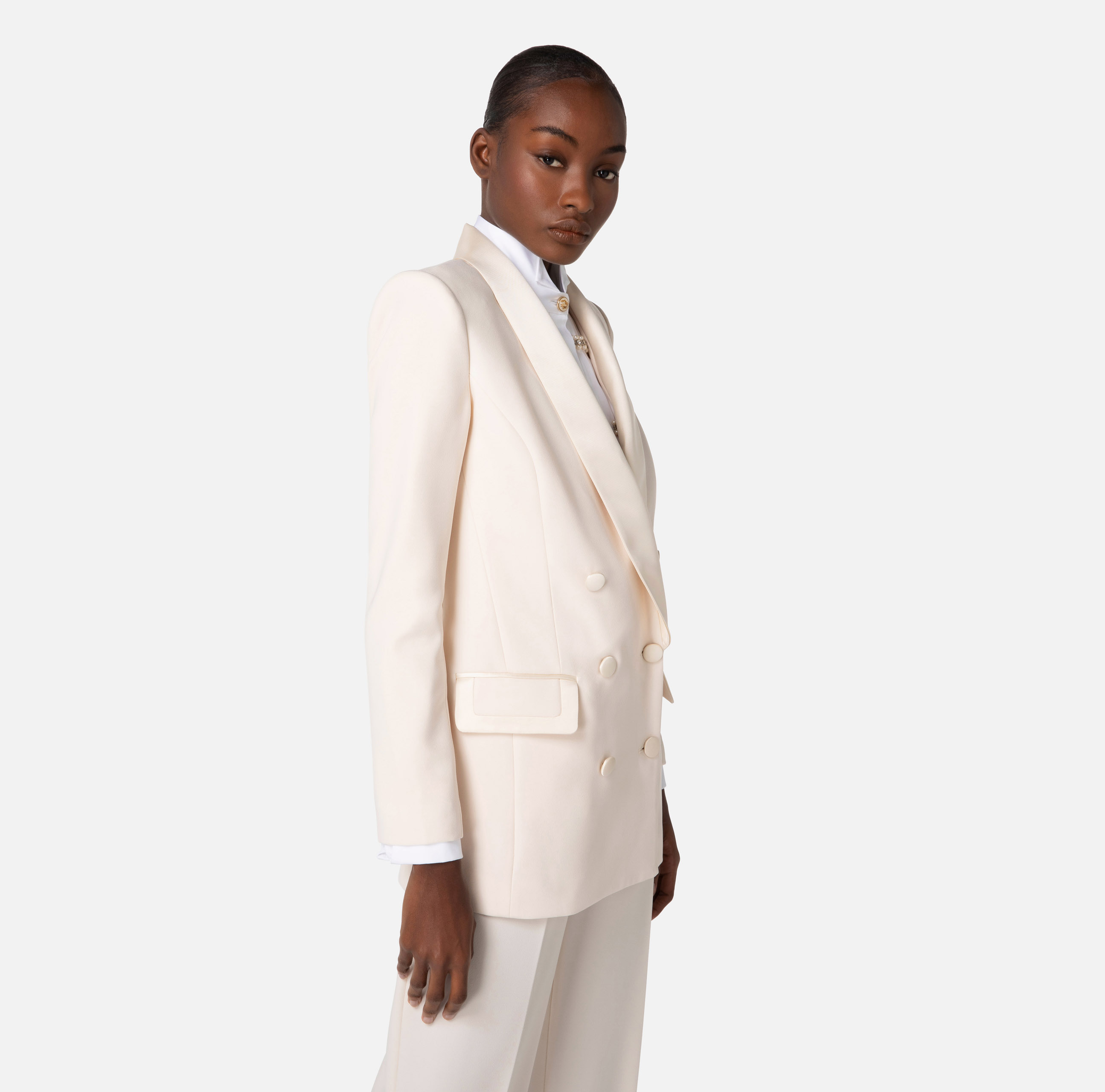 Elisabetta Franchi Double-breasted Satin-trim Blazer In White