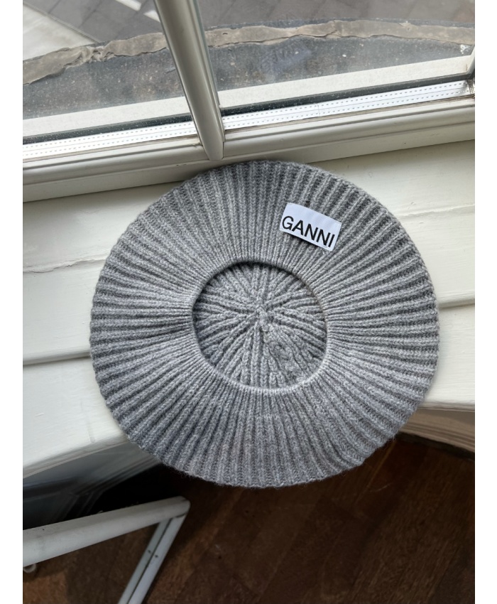 Ganni Wool Blend Ribbed Knitted Hat In Gray