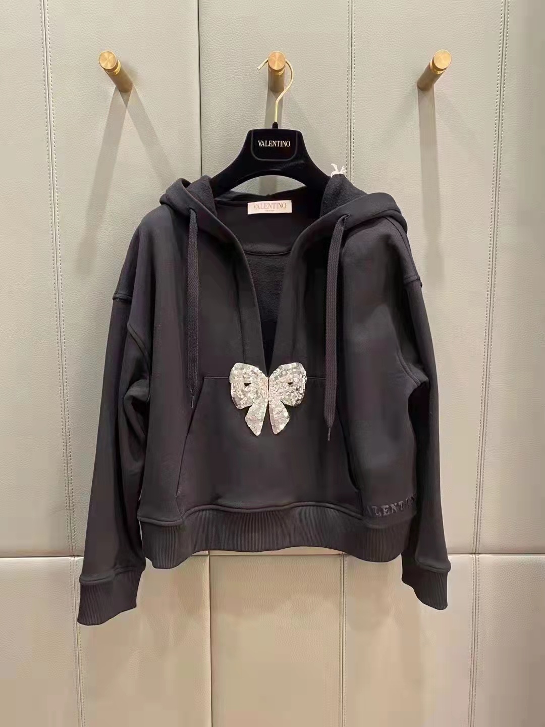 Valentino Sequin Bow Cotton Hoodie In Black