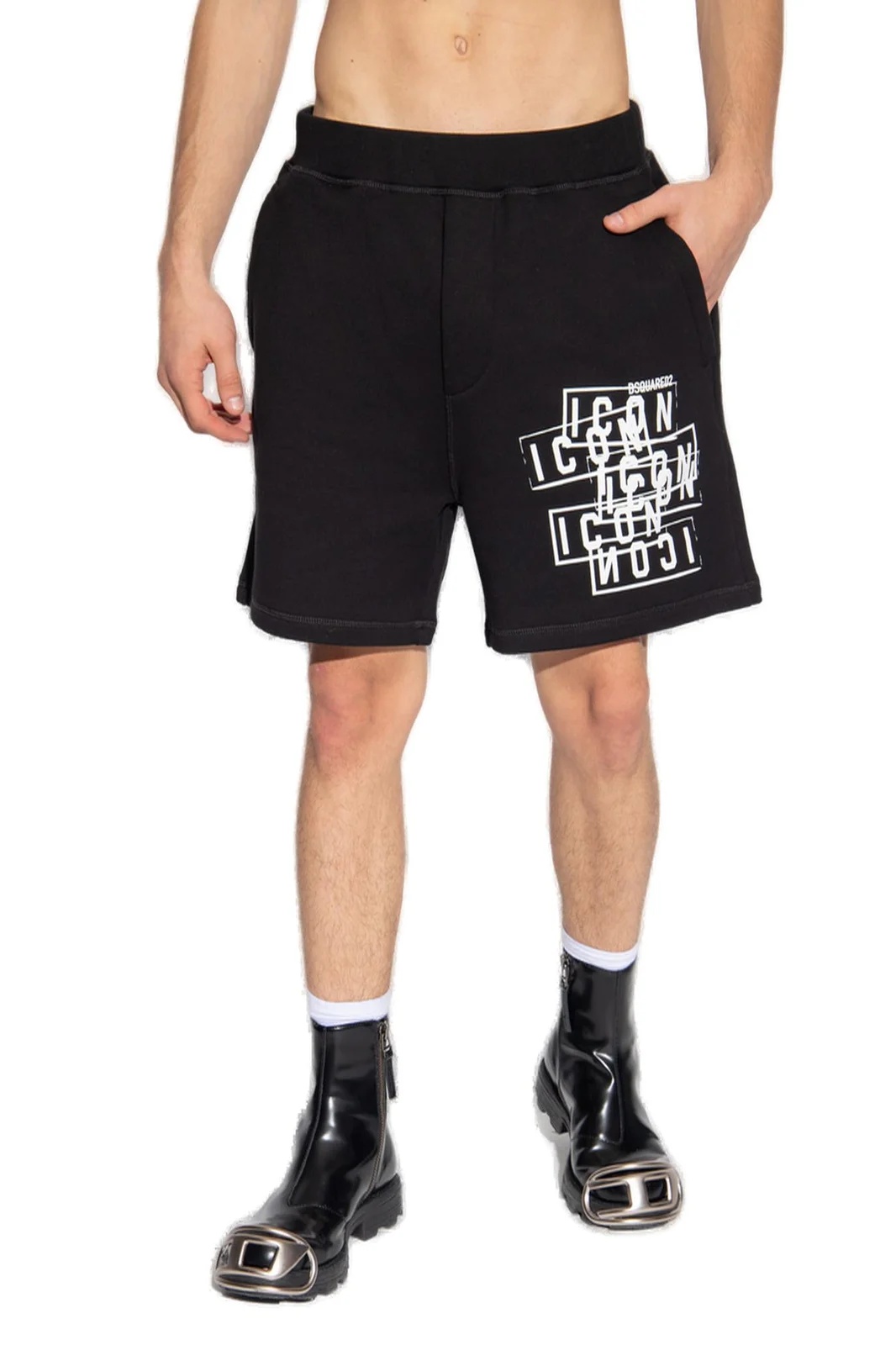 Dsquared2 Black Bermuda Shorts With Icon Logo Print In Cotton Man In Black