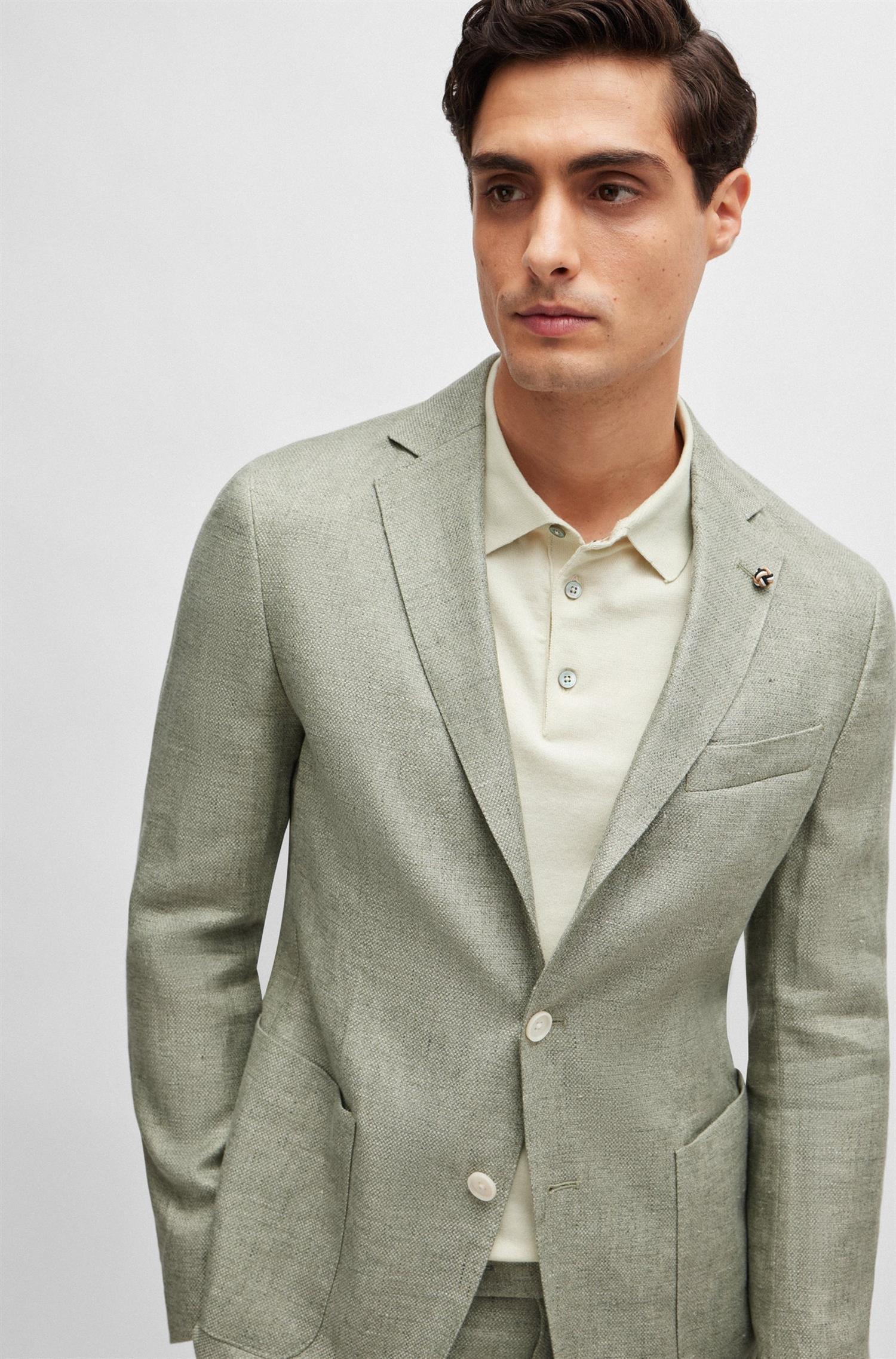 Hugo Boss Slim-fit Jacket In A Micro-patterned Linen Blend In Nude