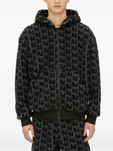 Msgm Towelled Finish Logo-patterned Zipped Hoodie In Black