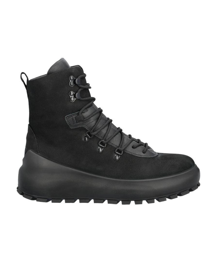 Stone Island High-top Leather Boots With Design And Elevated Sole In Black