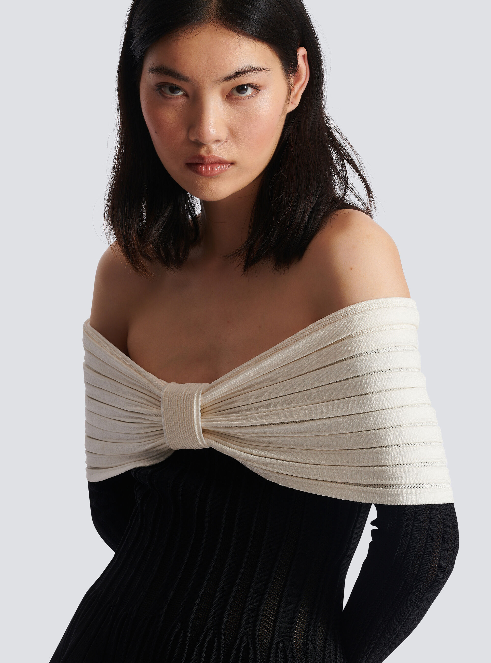 Balmain Off-the-shoulder Two-tone Ribbed-knit Mini Dress In Black
