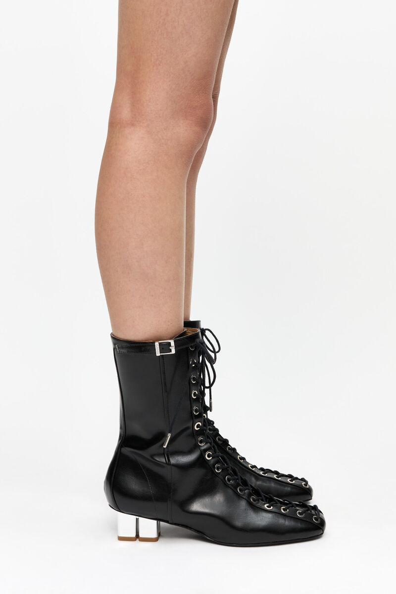 Ganni Black Oleatex Eyelets Lace-up Ankle Boots In Black