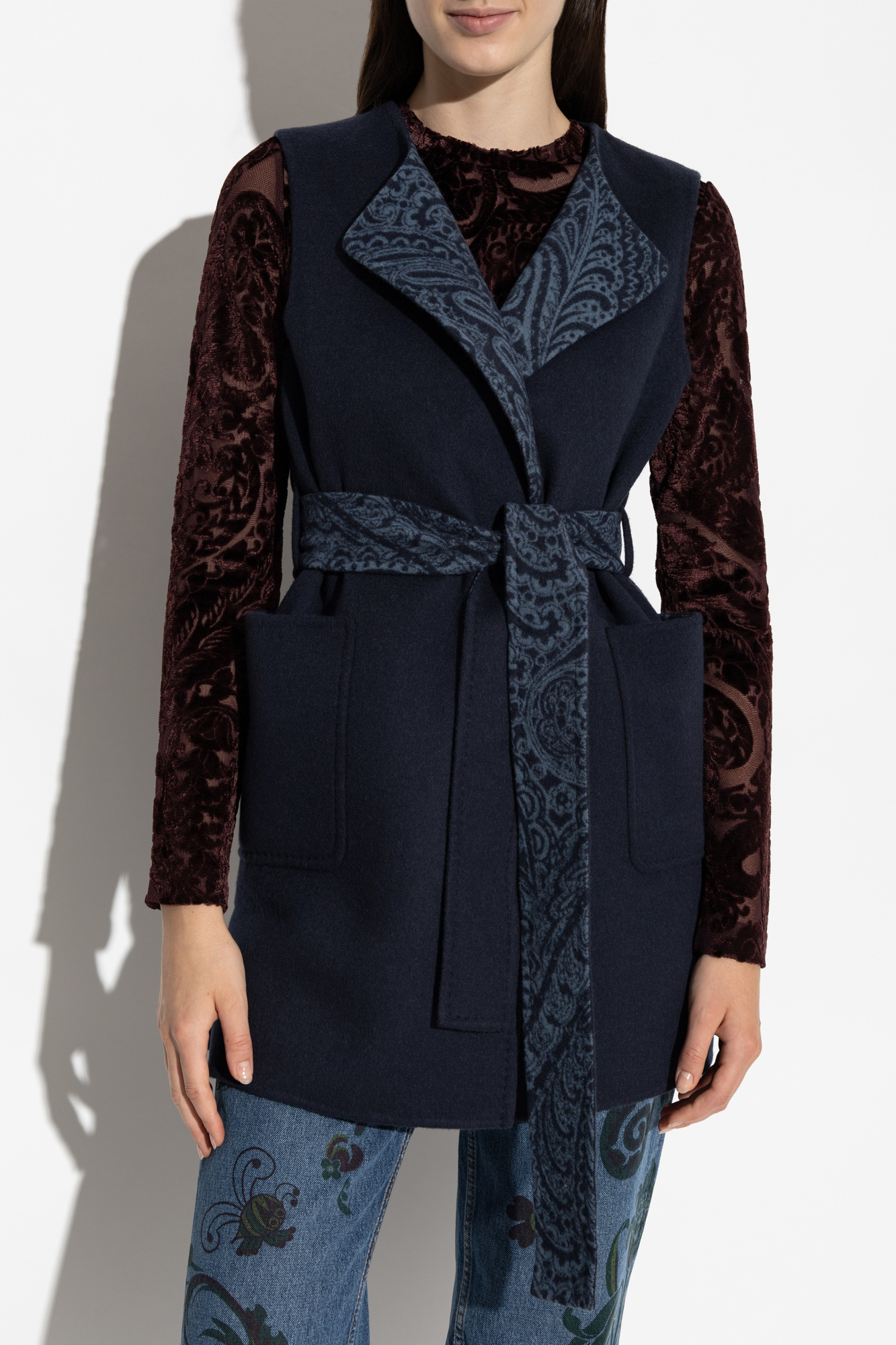 Etro Long Wool And Cashmere Jacquard Waistcoat In Blue