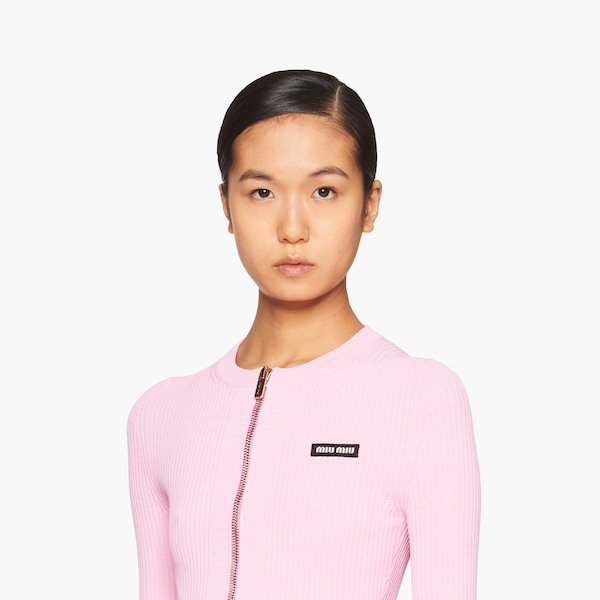 Miu Miu Logo-print Zip-up Cardigan In Pink