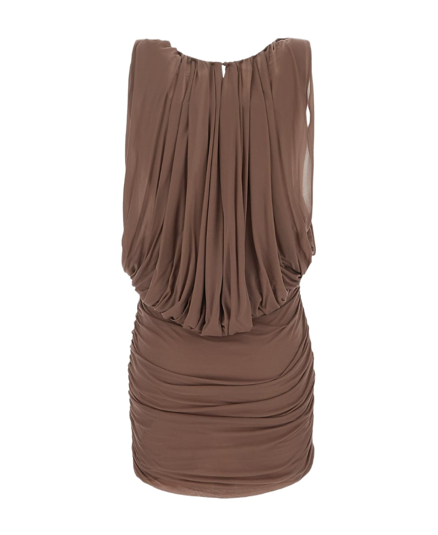 Saint Laurent Sleeveless Draped Mini Dress In Brown