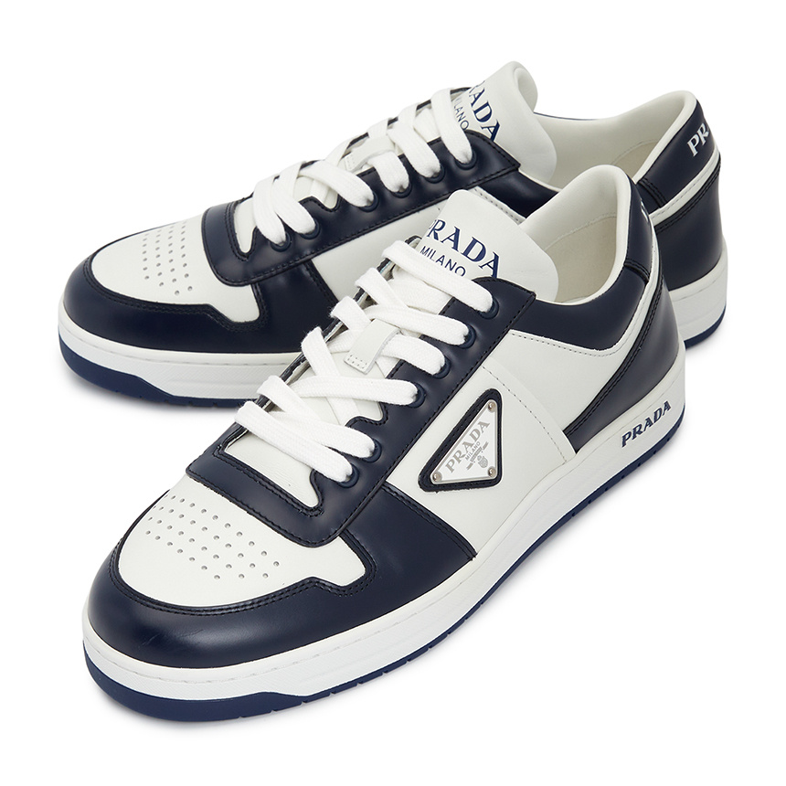 Prada Men's Downtown Bicolor Leather Low-top Sneakers In White