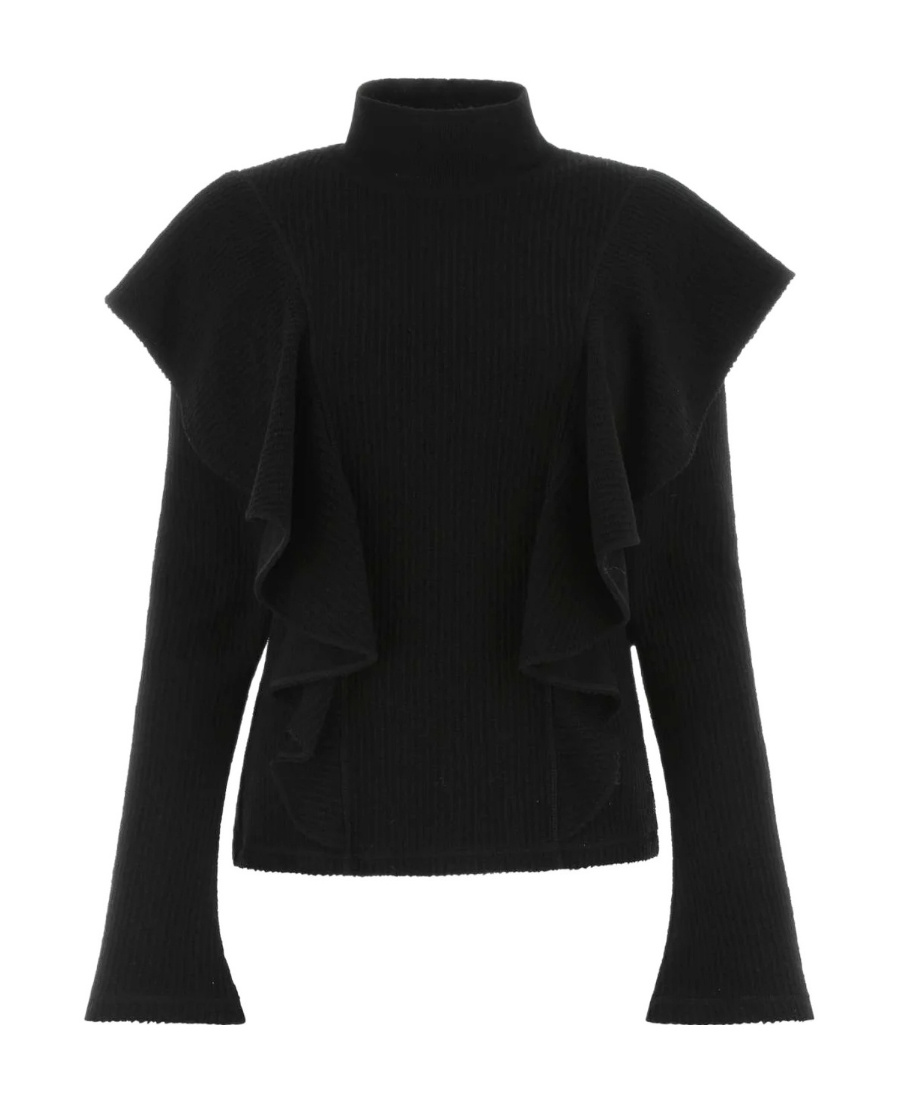Chloé High-necked Woolen Sweater With Lotus Leaf Edge In Black