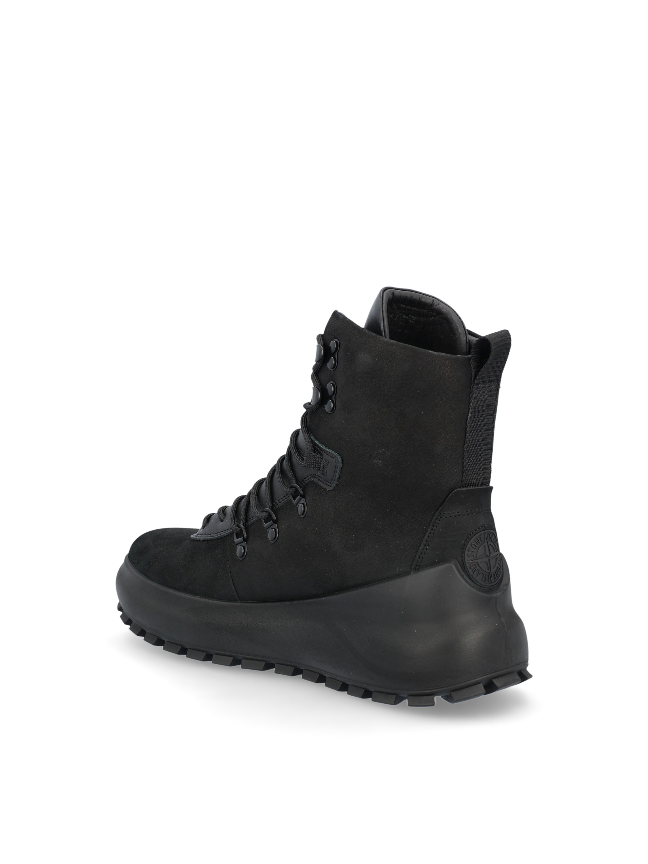 Stone Island High-top Leather Boots With Design And Elevated Sole In Black