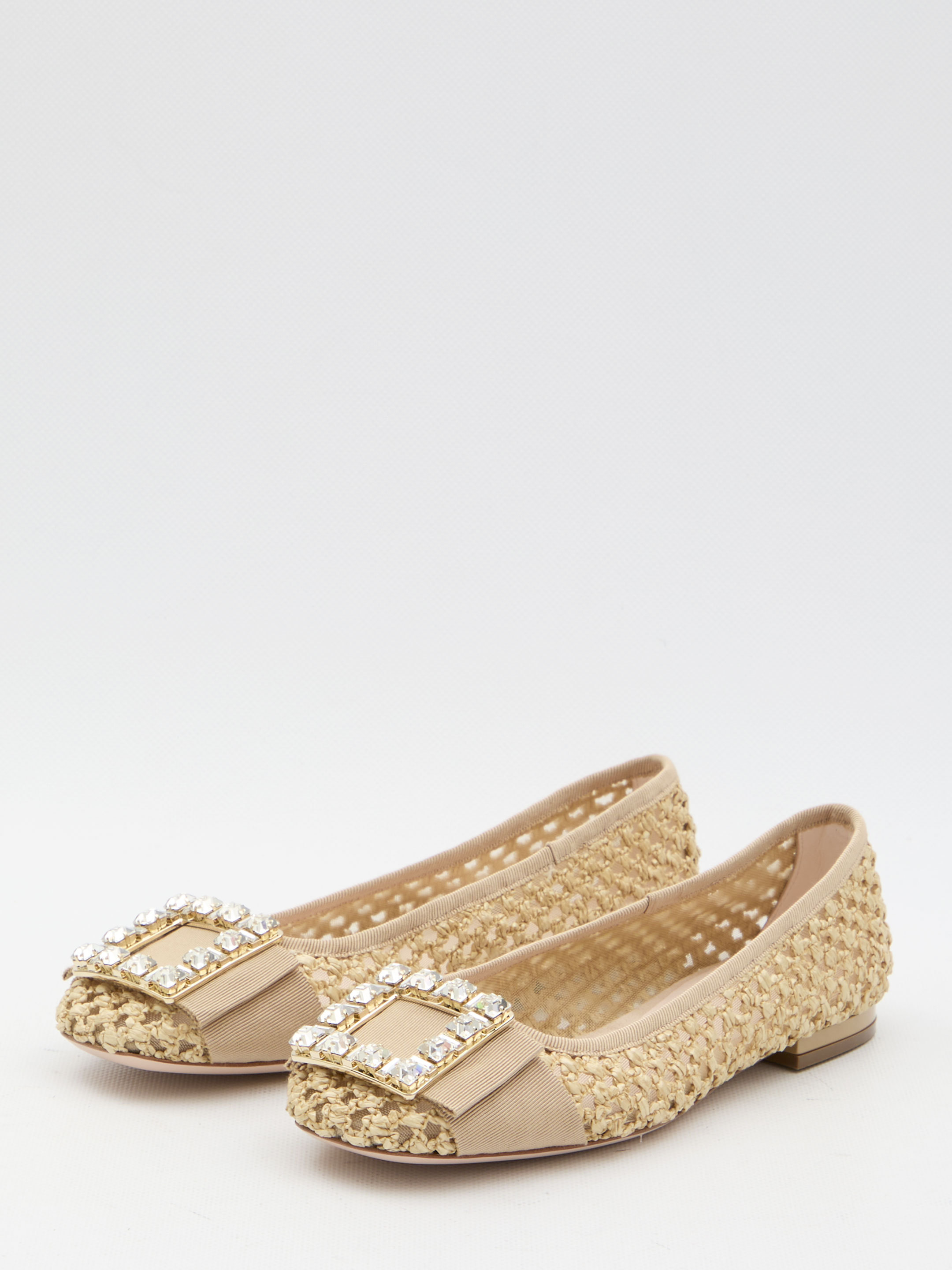 Roger Vivier Tres Vivier Raffia Strass Ballerina Flats In Nude
